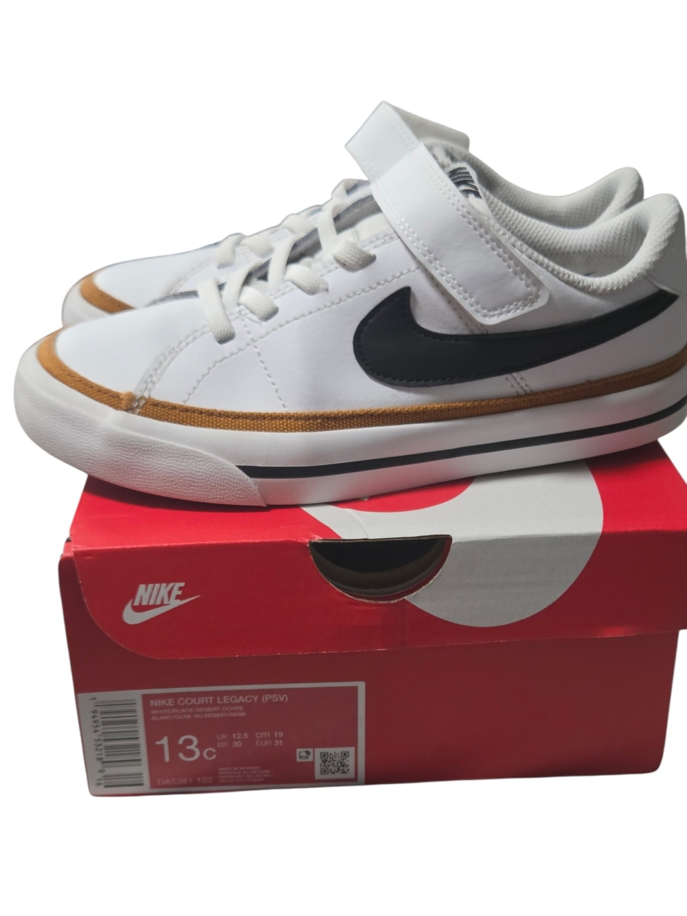 Nike Kids White Black Court Legacy Sneaker Tan Ochre Trim 13 boys girls